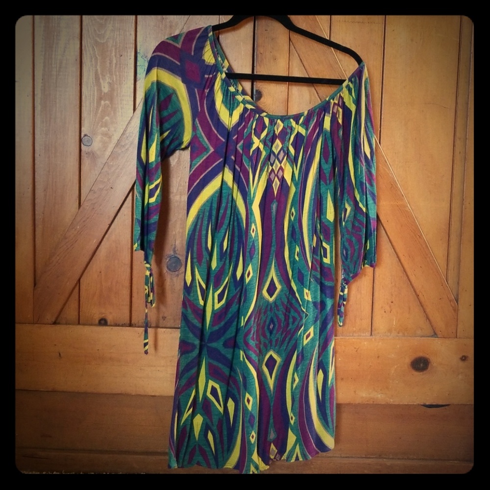 T-Bags Off shoulder Dress geometric Purple Teal S